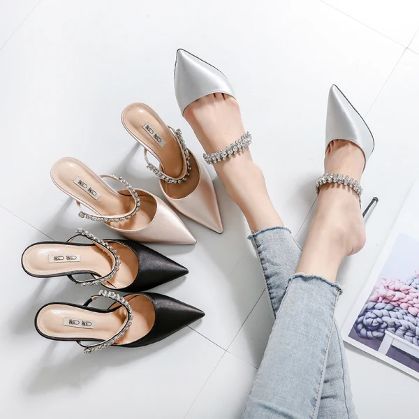 Chic / Beautiful Silver Casual Womens Sandals 2019 Leather Satin Rhinestone 9 cm Stiletto Heels Sandals Pointed Toe