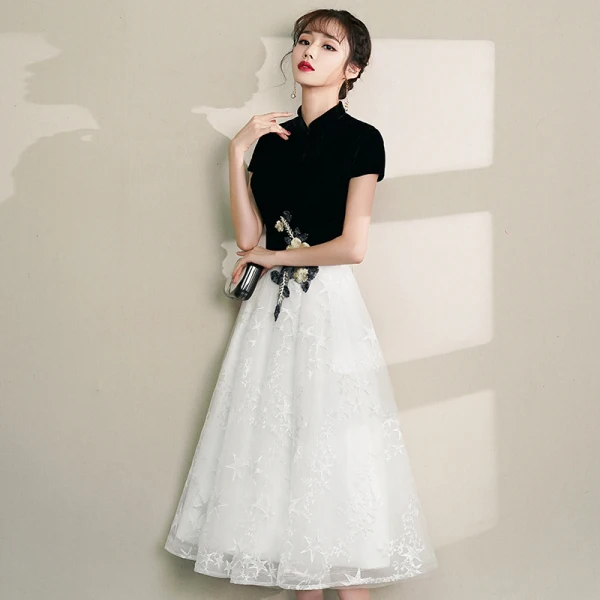 Chinese style Black Homecoming Graduation Dresses 2019 A-Line / Princess High Neck Lace Flower Star Short Sleeve Tea-length Formal Dresses