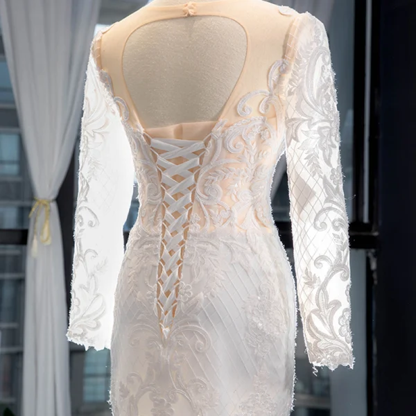 Luxury / Gorgeous Ivory Wedding Dresses 2019 Trumpet / Mermaid Scoop Neck Beading Sequins Lace Flower Long Sleeve Backless Detachable Chapel Train