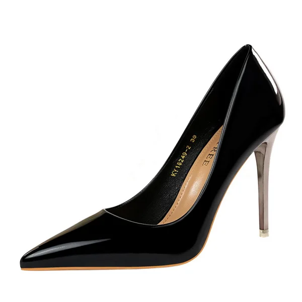 Unusual Black Metal Patent Leather Cocktail Party Pumps 2022 10 cm Stiletto Heels Pointed Toe Pumps High Heels