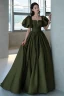 Vintage / Retro Dark Green Satin Prom Dresses A-Line / Princess 2022 Square Neckline Puffy Short Sleeve Backless Sweep Train Formal Dresses