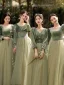 Modest / Simple Olive Green Velour Bridesmaid Dresses 2022 Bridesmaid A-Line / Princess Square Neckline 3/4 Sleeve Backless Floor-Length / Long Wedding Party Dresses