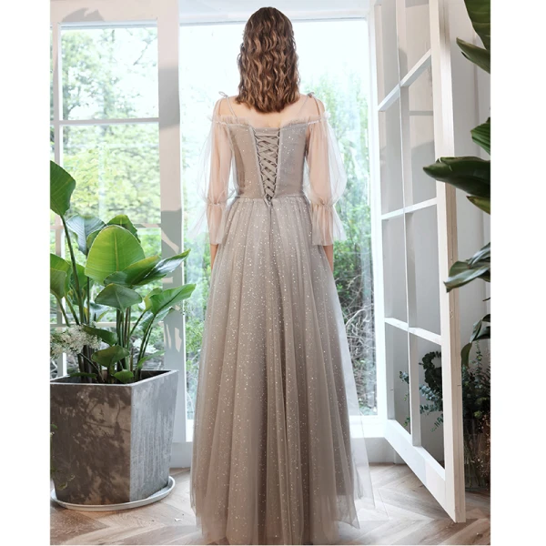 Chic / Beautiful Grey Beading Lace Flower Bridesmaid Dresses 2022 A-Line / Princess Rhinestone Sequins Short Sleeve Backless Floor-Length / Long Wedding Bridesmaid Dresses
