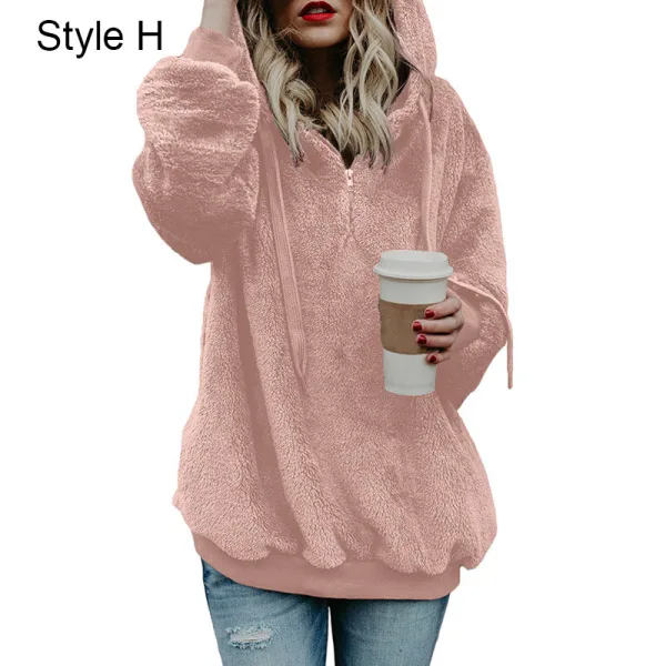 Fashion Fall Winter Street Wear Grey Plush Sweatshirts 2021 Loose V-Neck Long Sleeve Women Tops