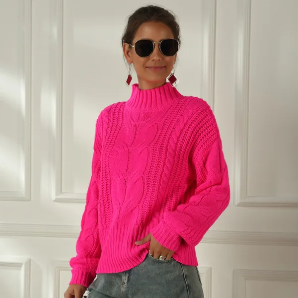 Fall Winter Street Wear Brown Knitting Sweaters 2021 Cotton High Neck Long Sleeve Loose Women Tops