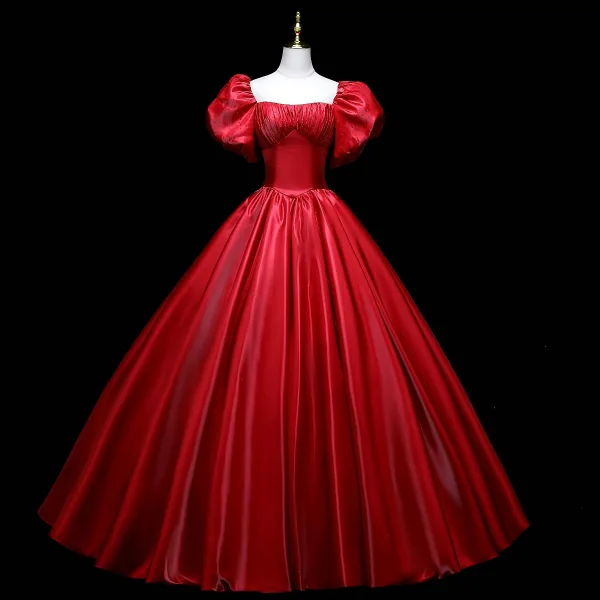 Vintage / Retro Ball Gown Green Satin Prom Dresses 2021 Square Neckline Short Sleeve Backless Floor-Length / Long Formal Dresses