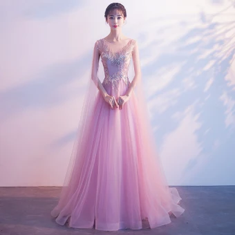 Elegant Candy Pink See Through Evening Dresses 2018 A Line Princess Scoop Neck Sleeveless Appliques Lace Beading Watteau Train Ruffle Backless Formal Dresses