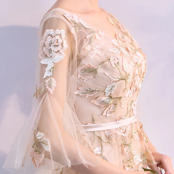 Chic / Beautiful Bridesmaid Dresses 2018 A-Line / Princess Appliques Beading Sash V-Neck Backless 1/2 Sleeves Floor-Length / Long Wedding Party Dresses