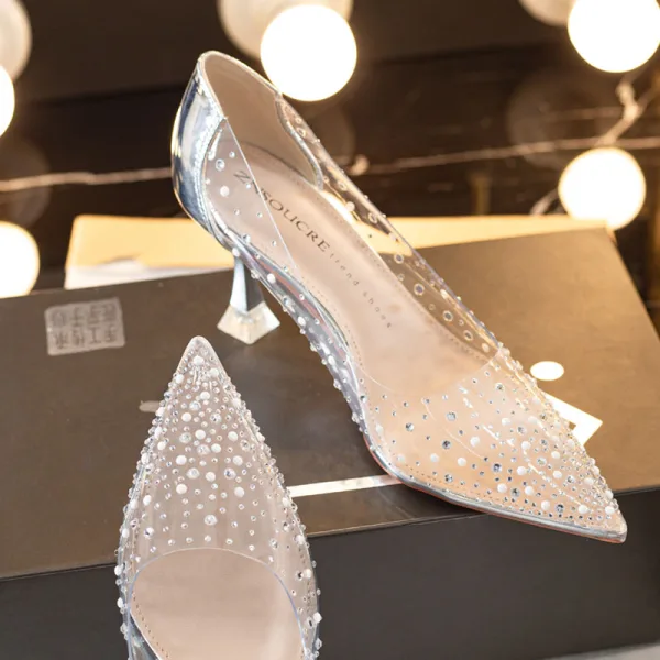 Sexy Transparent Rhinestone Silver Wedding Pumps 2021 7 cm Stiletto Heels Pointed Toe Pumps High Heels