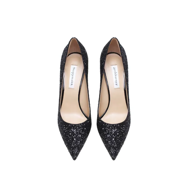 Charmant Noire Soirée Paillettes Escarpins 2021 Cuir 10 cm Talons Aiguilles À Bout Pointu Escarpins Talons Hauts