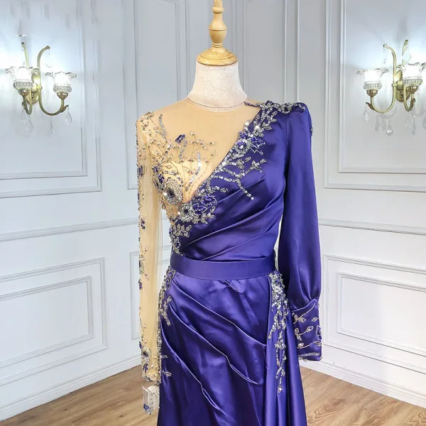 High-end Burgundy Handmade  Beading Pearl Rhinestone Evening Dresses 2021 Trumpet / Mermaid Scoop Neck Satin Long Sleeve Sweep Train Evening Party Formal Dresses