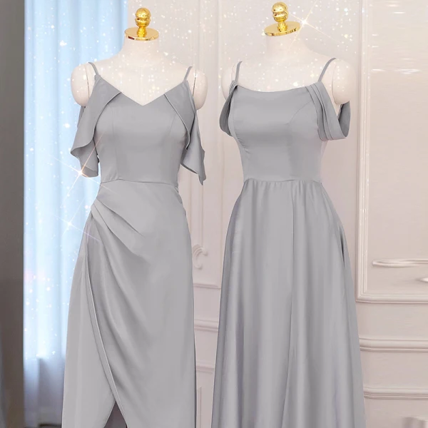 Modest / Simple Grey Satin Bridesmaid Dresses 2021 A-Line / Princess Spaghetti Straps Short Sleeve Backless Tea-length Wedding Party Dresses