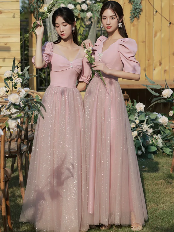Chic / Belle Rose Bonbon Perle Robe Demoiselle D'honneur 2021 Princesse Manches Courtes Dos Nu Paillettes Longue Robe Pour Mariage