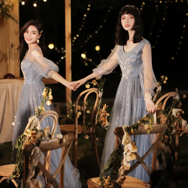 Fashion Sky Blue Beading Sequins Bridesmaid Dresses 2021 A-Line / Princess Pearl Rhinestone Short Sleeve Backless Floor-Length / Long Wedding Party Dresses