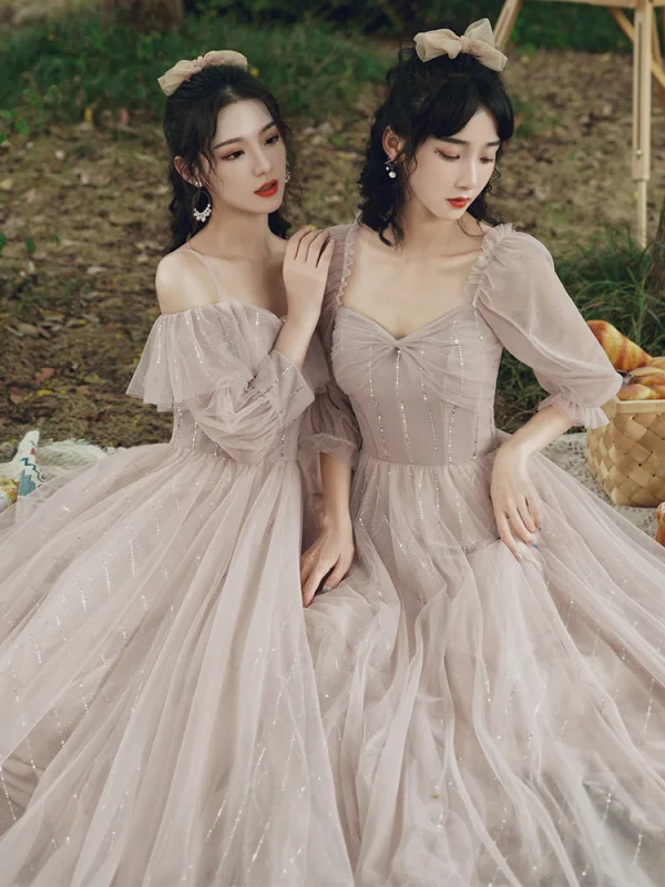 Modest / Simple Dusky Pink Sequins Bridesmaid Dresses 2021 A-Line / Princess Short Sleeve Backless Floor-Length / Long Wedding Party Dresses