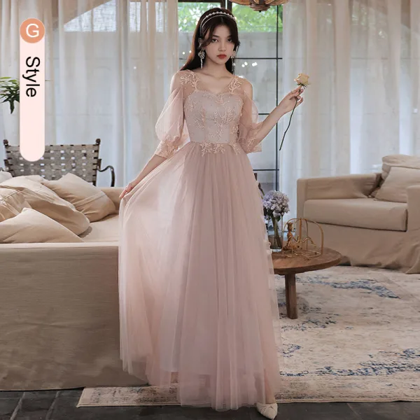 Chic / Beautiful Grey Pearl Lace Flower Bridesmaid Dresses 2021 A-Line / Princess Short Sleeve Backless Floor-Length / Long Bridesmaid Wedding Party Dresses