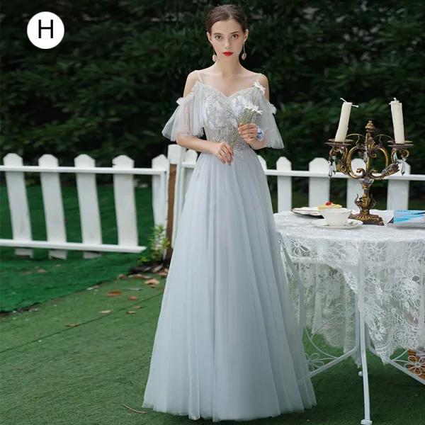 Charming Khaki Beading Sequins Backless Lace Flower Bridesmaid Dresses 2021 A-Line / Princess Short Sleeve Floor-Length / Long Bridesmaid Wedding Party Dresses