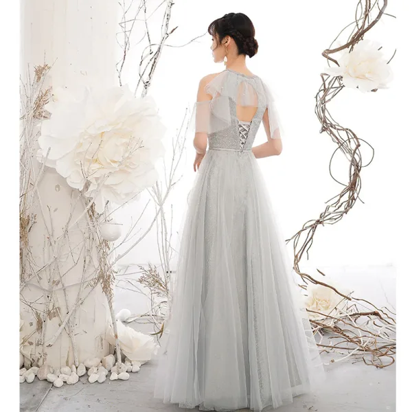 Chic / Beautiful Silver Grey Sequins Bridesmaid Dresses 2021 A-Line / Princess Short Sleeve Backless Sash Floor-Length / Long Wedding Party Dresses