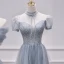 Schöne Himmelblau Perlenstickerei Pailletten Brautjungfernkleider 2021 A Linie Kurze Ärmel Rückenfreies Lange Kleider Für Hochzeit