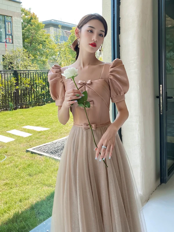 Chic / Beautiful Blushing Pink Bridesmaid Dresses 2021 A-Line / Princess Bow Sash Rhinestone Short Sleeve Backless Floor-Length / Long Wedding Party Dresses