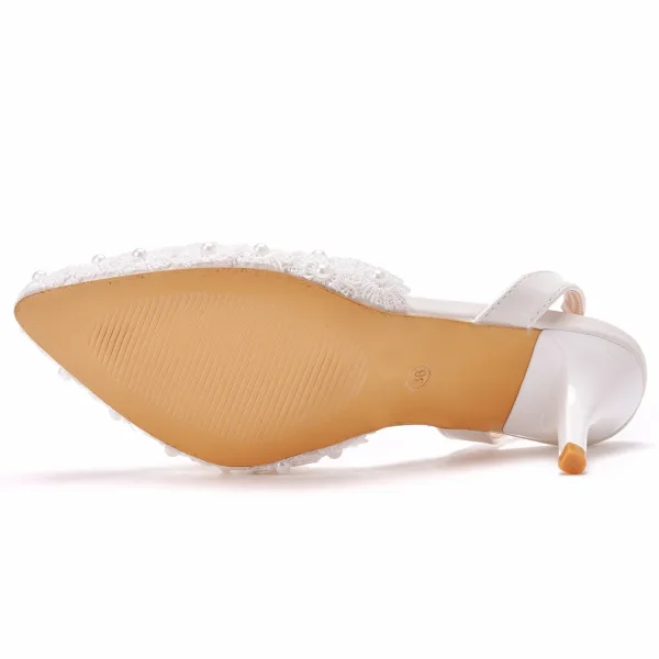Chic / Belle Blanche En Dentelle Chaussure De Mariée 2021 Perle Fleur 7 cm Talons Aiguilles À Bout Pointu Mariage Talons Hauts