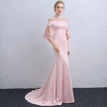 Vintage Originale Rose Bonbon Transparentes Robe De Soirée 2018 Trompette Sirène Col Haut 3 4 Manches Perlage Tribunal Train Volants Dos Nu Robe De Ceremonie