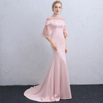 Vintage Originale Rose Bonbon Transparentes Robe De Soirée 2018 Trompette Sirène Col Haut 3 4 Manches Perlage Tribunal Train Volants Dos Nu Robe De Ceremonie
