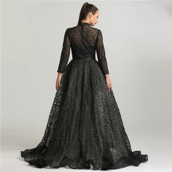 Haut de Gamme Noire Robe De Soirée 2021 Trompette / Sirène Col Haut Fait main Perlage Paillettes Ceinture Manches Longues Longue Soirée Robe De Ceremonie