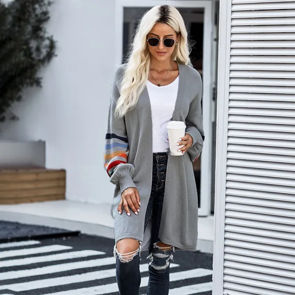 Chic / Beautiful Fall Winter Black Street Wear Knitting Coats & Jackets Multi-Colors Stripe 2021 Loose Long Sleeve Women Tops