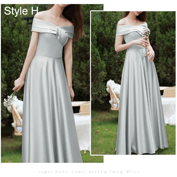 Modest / Simple Olive Green Satin Bridesmaid Dresses 2021 A-Line / Princess Short Sleeve Backless Floor-Length / Long Wedding Party Dresses