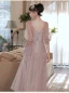 Fashion Blushing Pink Bridesmaid Dresses 2021 A-Line / Princess Beading Pearl Sequins Lace Flower Short Sleeve Backless Floor-Length / Long Wedding Party Dresses