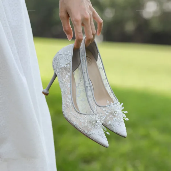 Elegant Grey Lace Flower Wedding Shoes 2022 8 cm Stiletto Heels Pointed Toe Wedding Pumps High Heels
