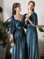 Modest / Simple Ink Blue Suede Bridesmaid Dresses 2022 A-Line / Princess V-Neck Short Sleeve Backless Floor-Length / Long Wedding Party Dresses
