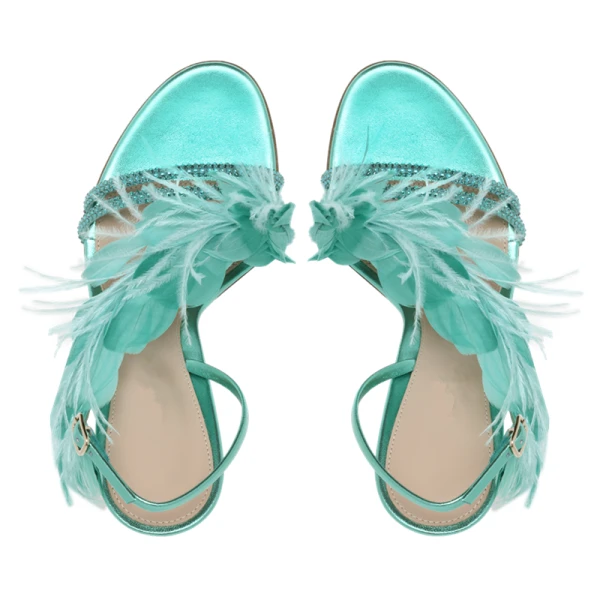 Sexy Champagne Prom Cocktail Party Womens Sandals 2022 Leather Feather Rhinestone 9 cm Stiletto Heels Open / Peep Toe Womens Sandals High Heels