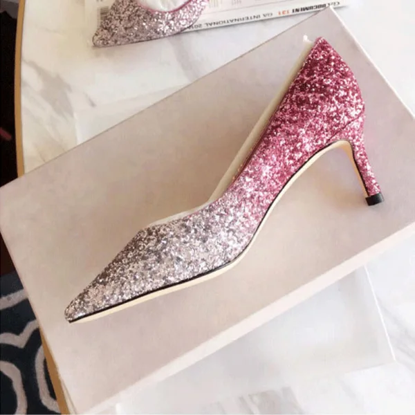 Scintillantes Dégradé de couleur Rougissant Rose Promo Escarpins 2018 Paillettes Cuir 8 cm Talons Aiguilles Escarpins