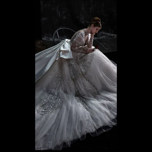 Luxury / Gorgeous Glitter Sequins Beading Pearl Lace Flower Ivory Wedding Dresses 2022 Ball Gown Scoop Neck Puffy Short Sleeve Sash Satin Bow Royal Train Wedding