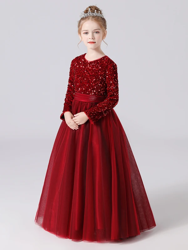 Chic / Beautiful Burgundy Sequins Birthday Flower Girl Dresses 2022 A-Line / Princess Scoop Neck Sash Bow Long Sleeve Floor-Length / Long Flower Girl Dresses