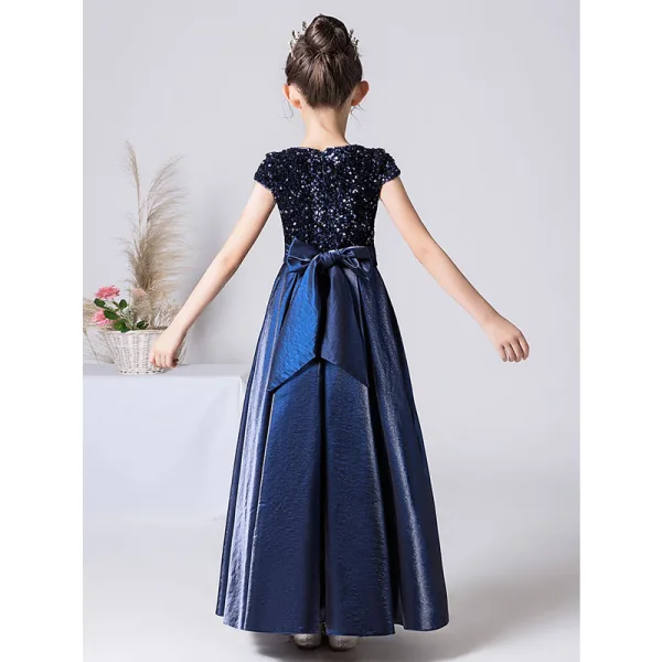 Chic / Beautiful Navy Blue Satin Sequins Birthday Flower Girl Dresses 2022 A-Line / Princess Scoop Neck Short Sleeve Bow Floor-Length / Long Flower Girl Dresses