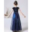 Chic / Beautiful Navy Blue Satin Sequins Birthday Flower Girl Dresses 2022 A-Line / Princess Scoop Neck Short Sleeve Bow Floor-Length / Long Flower Girl Dresses