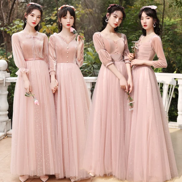 Chic / Beautiful Dusky Pink Suede Bridesmaid Dresses 2022 A-Line / Princess Pearl Sequins Long Sleeve Backless Floor-Length / Long Wedding Party Dresses
