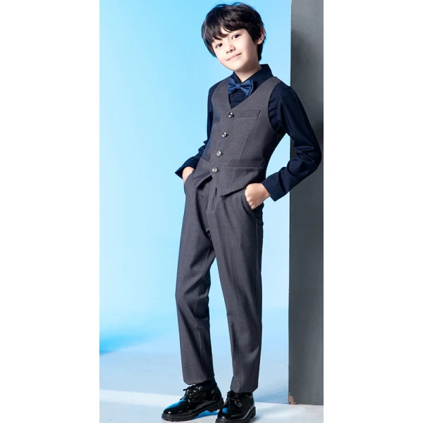 Striped Long Sleeve Boys Wedding Suits 2022 Coat Pants Shirt Tie Vest Boys Wedding Suits Black