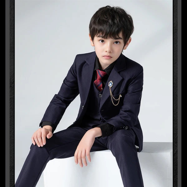 Fashion Navy Blue Long Sleeve Boys Wedding Suits 2022 Coat Pants Shirt Tie Vest Wedding