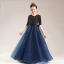 Chic / Belle Bleu Marine Paillettes Robe Ceremonie Fille 2022 Princesse Encolure Dégagée 1/2 Manches Noeud Longue Robe Ceremonie Fille