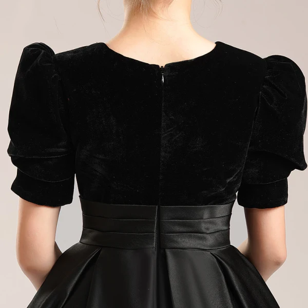Elegant Black Suede Satin Birthday Flower Girl Dresses 2022 Ball Gown Scoop Neck Short Sleeve Sash Floor-Length / Long Flower Girl Dresses
