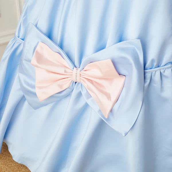 Lovely Sky Blue Satin Pleated Prom Dresses 2022 Ball Gown Strapless Puffy Short Sleeve Backless Bow Floor-Length / Long Formal Dresses