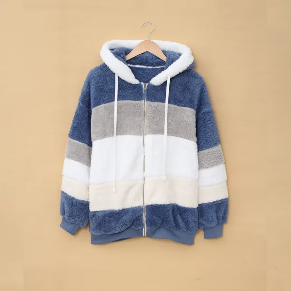Fashion Fall Winter Street Wear Khaki Patchwork Plush Hooded Coats & Jackets 2021 Long Sleeve Women Tops