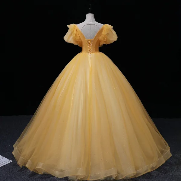 Elegant Champagne Beading Pearl Sequins Prom Dresses 2022 Ball Gown Scoop Neck Short Sleeve Backless Floor-Length / Long Formal Dresses