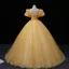 Elegant Champagne Beading Pearl Sequins Prom Dresses 2022 Ball Gown Scoop Neck Short Sleeve Backless Floor-Length / Long Formal Dresses