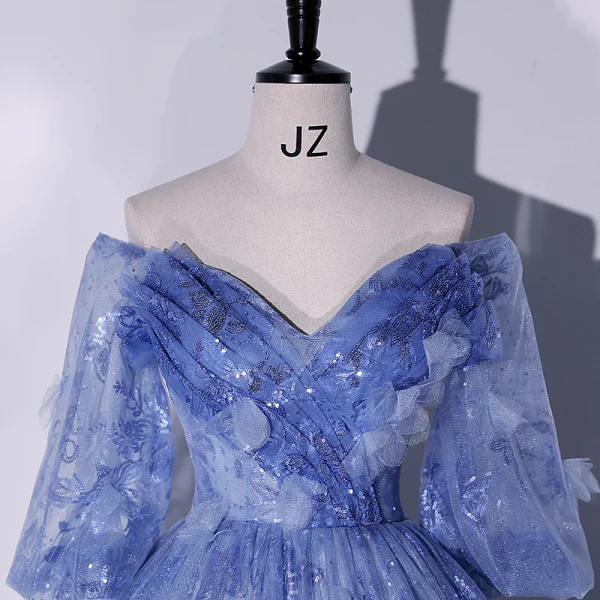 Chic / Beautiful Ocean Blue Appliques Sequins Prom Dresses 2022 Ball Gown Off-The-Shoulder Short Sleeve Backless Floor-Length / Long Formal Dresses