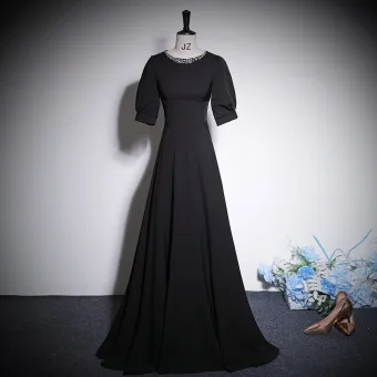 Élégant Noire Faux Diamant Robe De Bal 2023 Princesse Encolure Dégagée Manches Courtes Longue Promo Robe De Ceremonie